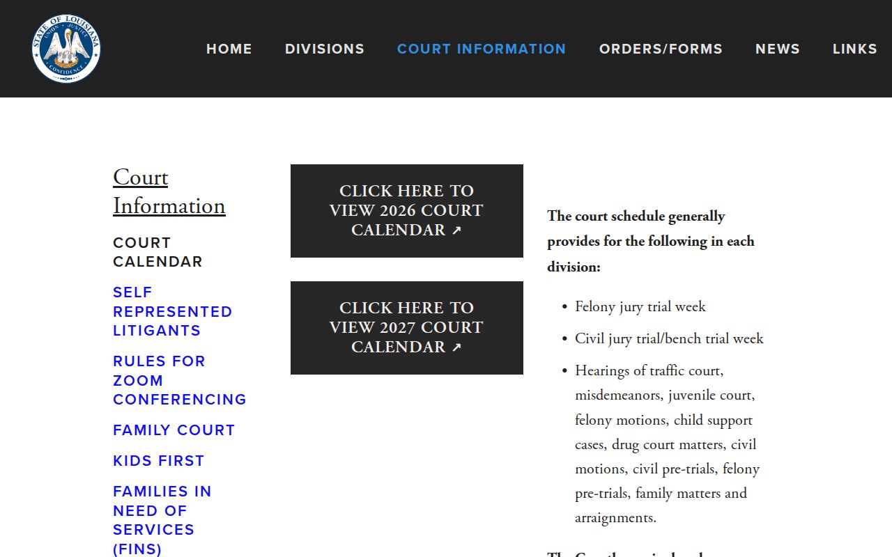 Vermilion Parish court calendar record interface for the 15th Judicial District Court