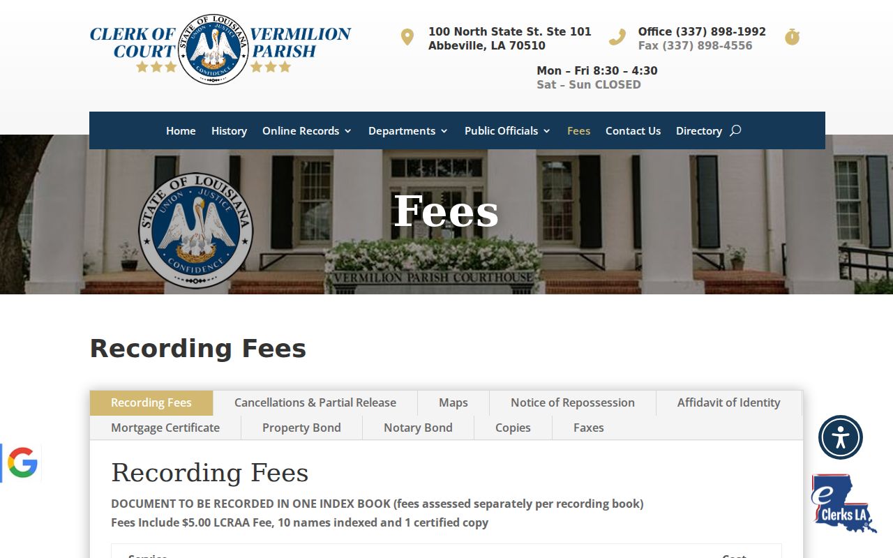 Vermilion civil docket clerk fees for copies and minute entries