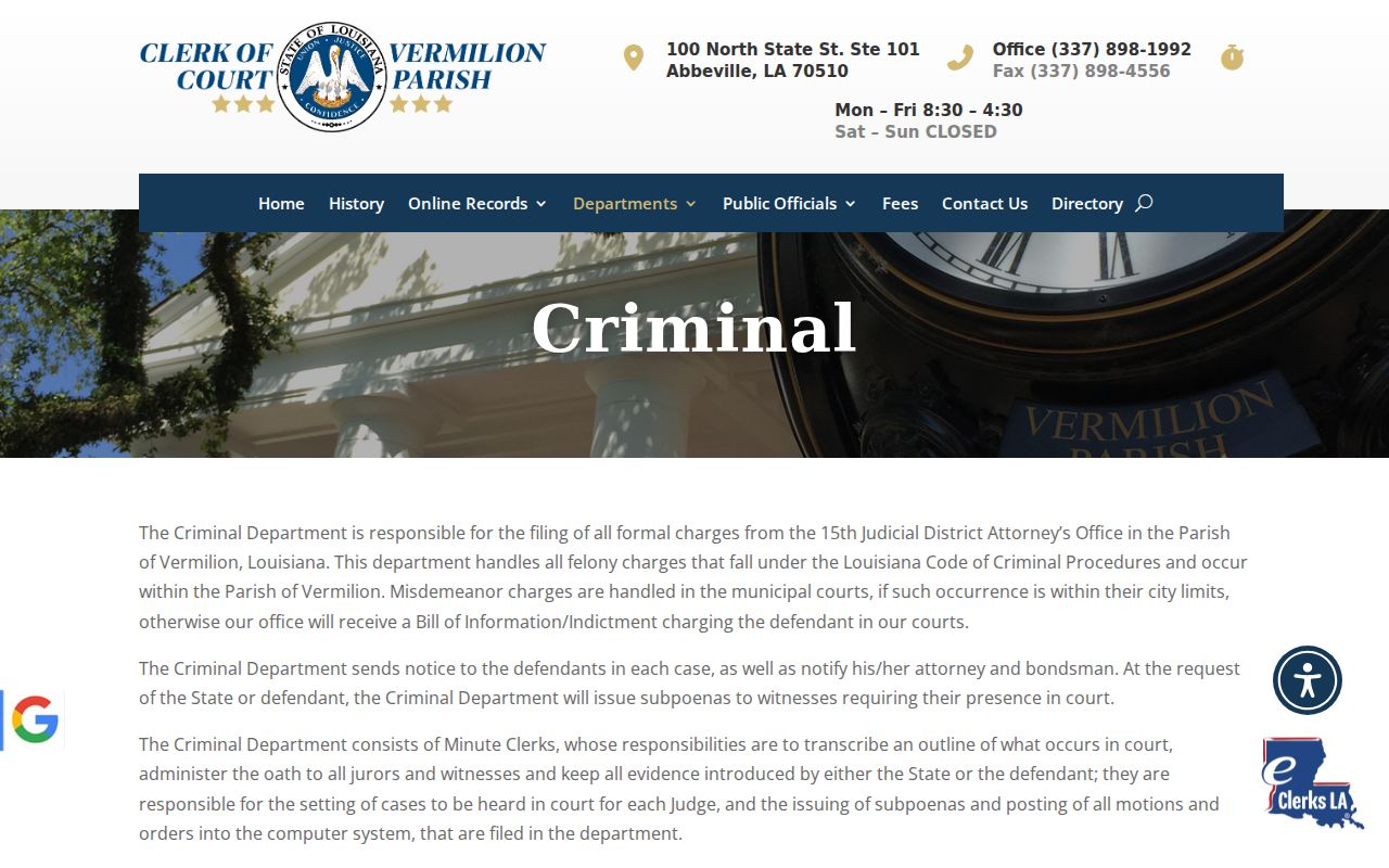 Vermilion criminal docket Criminal Department records page