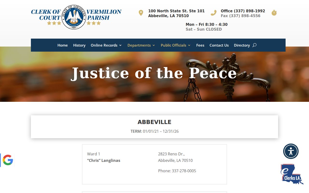 Vermilion civil docket Justice of the Peace ward directory